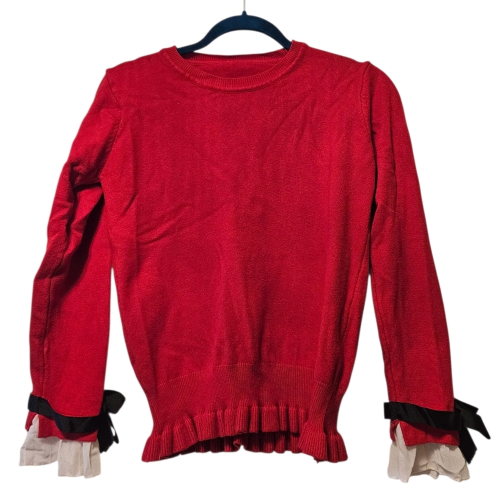 Chrismas Holliday Red Sweater with Ruffles Hem White Ruffle Cuffs Black Bows S